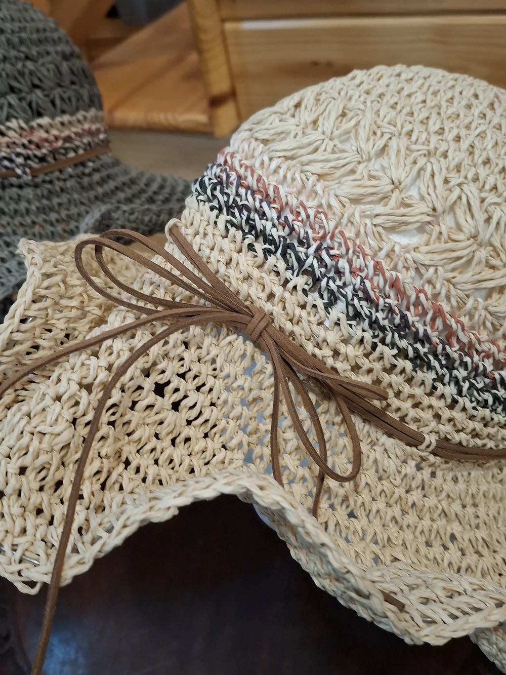 Women’s Crochet Sun Hats with Decorative Band - Beige & Gray - Picture 4 of 5